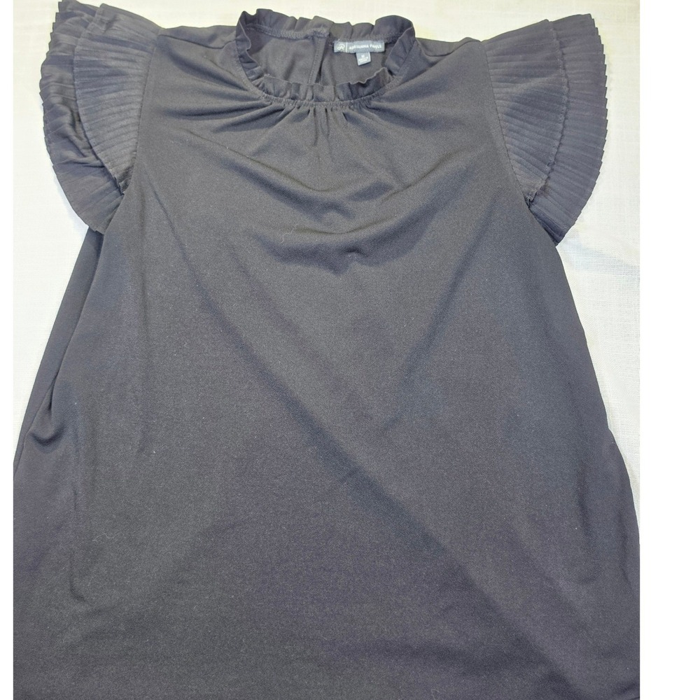 Adrianna Papell Black Ruffle Neck Pleated Flutter Sleeve Blouse Soft Scandy M